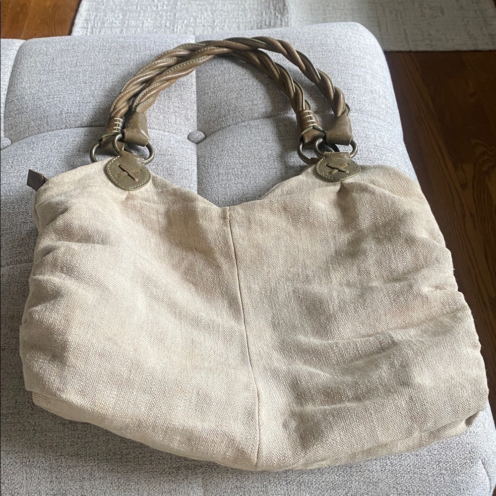 Via Spiga Beige Canvas & Brown Leather Braided-Handle Hobo Bag - Picture 7 of 14